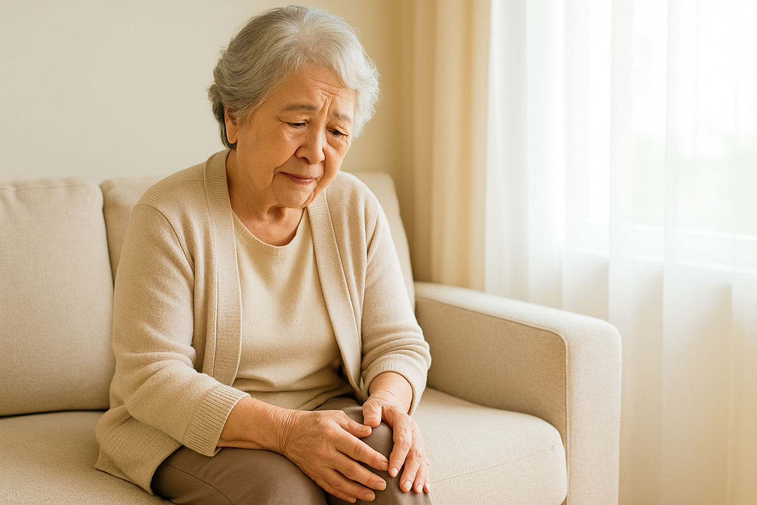 膝の痛みで悩む高齢女性の写真